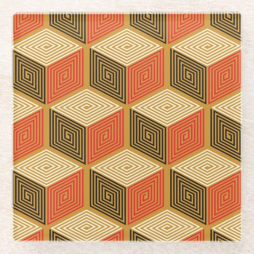 Red Gold Vintage Cube Pattern Glass Coaster