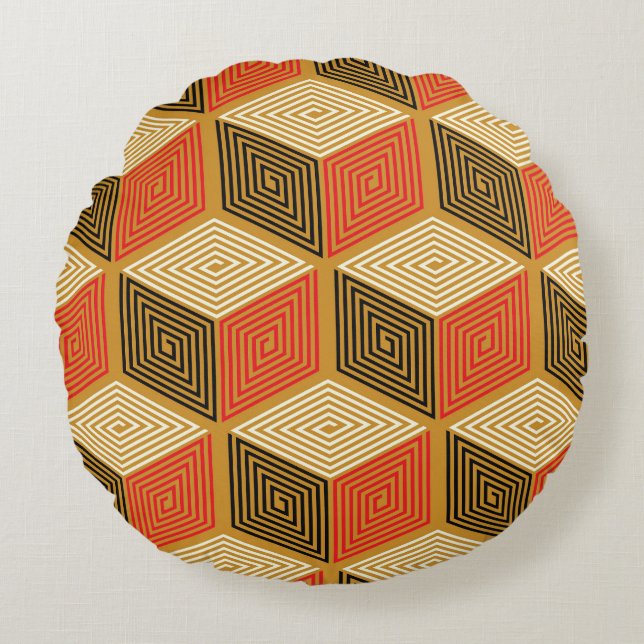 Red Gold Vintage Cube Pattern Round Pillow (Front)