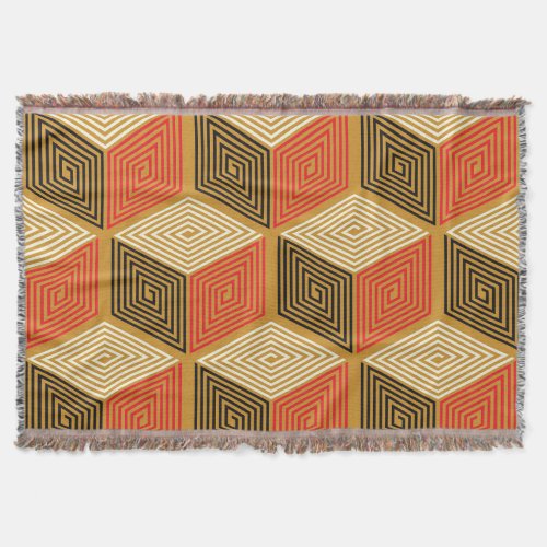 Red Gold Vintage Cube Pattern Throw Blanket