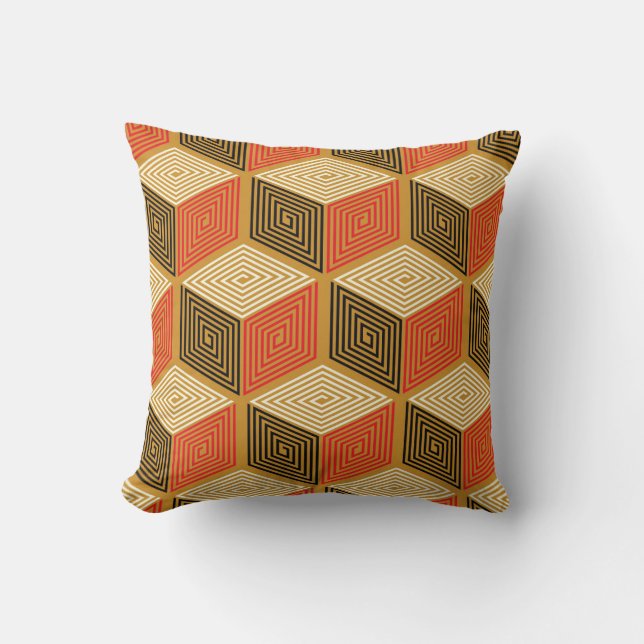 Red Gold Vintage Cube Pattern Throw Pillow (Front)