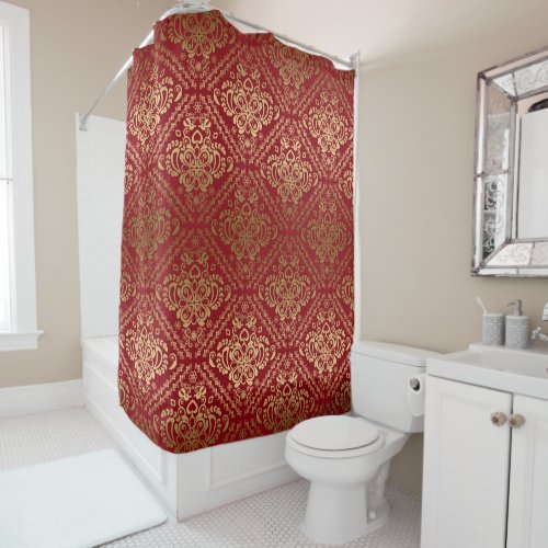 Red  Gold Vintage Floral Damask Geometric Pattern Shower Curtain