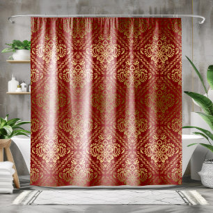 Red & Gold Vintage Floral Damask Geometric Pattern Shower Curtain