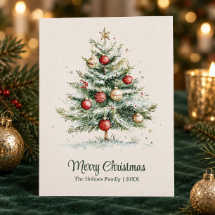 Red & Gold Vintage Non Photo Watercolor Christmas Holiday Card