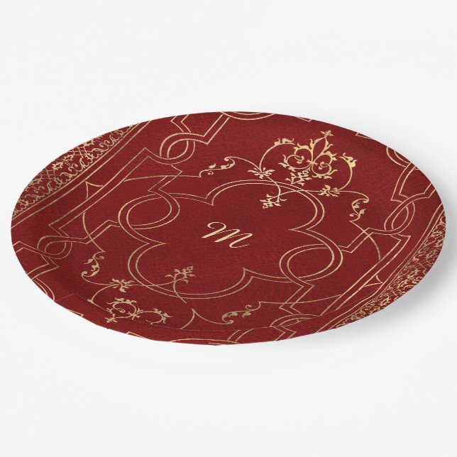 Red gold Vintage Ornate Gold Paper Plates (Angled)