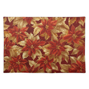 Red Gold Vintage Poinsettias Christmas Cloth Placemat