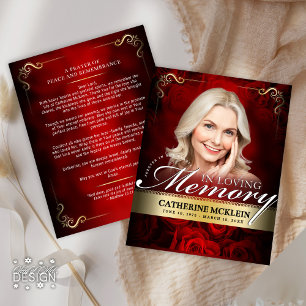 Red & Gold Vintage Roses Obituary Prayer Card
