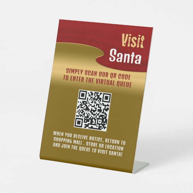 Red & Gold, Visit Santa, QR Code Queue Pedestal Sign (Front)