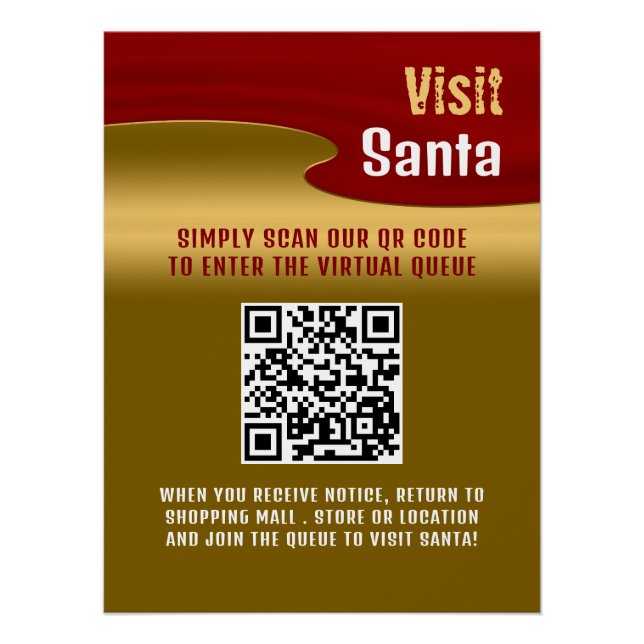 Red & Gold, Visit Santa, QR Code Queue Poster (Front)