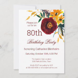 Red + Gold Watercolor Floral 80th Birthday Party Invitation