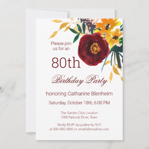 Red  Gold Watercolor Floral 80th Birthday Party  Invitation