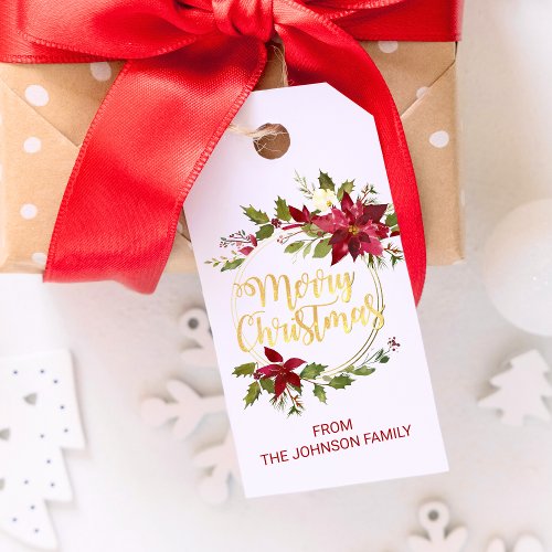 Red Gold Watercolor Floral Poinsettia Christmas Gift Tags