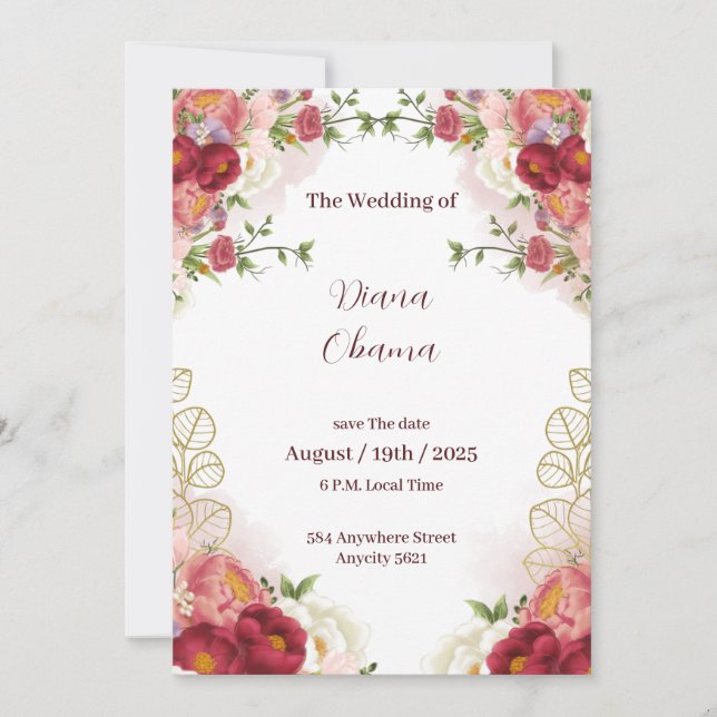 Red Gold Watercolor Floral Save The Date Invitatio Invitation (Front)