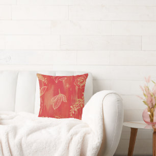 Red Gold Watercolor Floral Throw Pillow