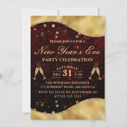 Red  Gold Wave Border New Years Eve Party Invitation