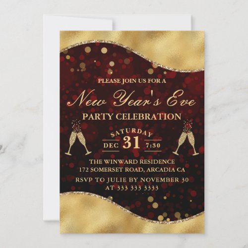 Red  Gold Wave Border New Years Eve Party Invitation