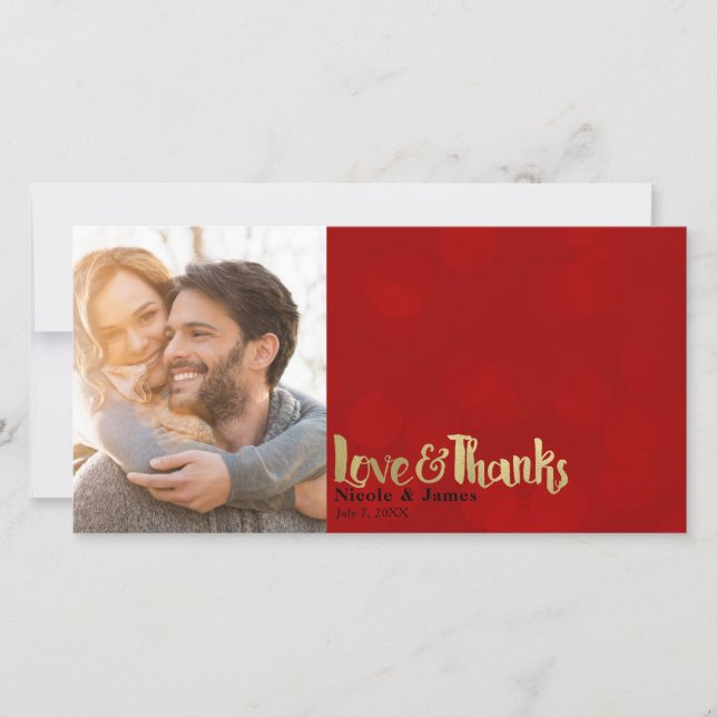 Red & Gold Wedding Photo Love & Thanks Thank You (Front)