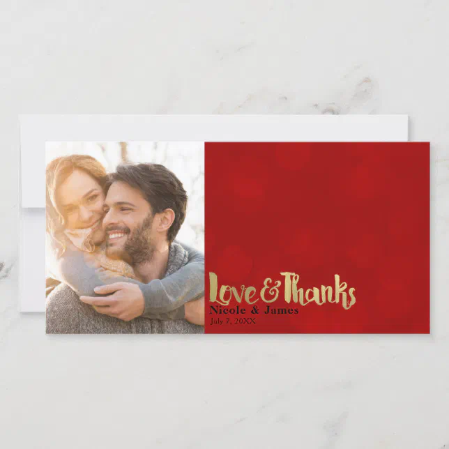 Red & Gold Wedding Photo Love & Thanks Thank You | Zazzle