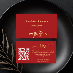 Red gold wedding response website QR code RSVP Enclosure Card