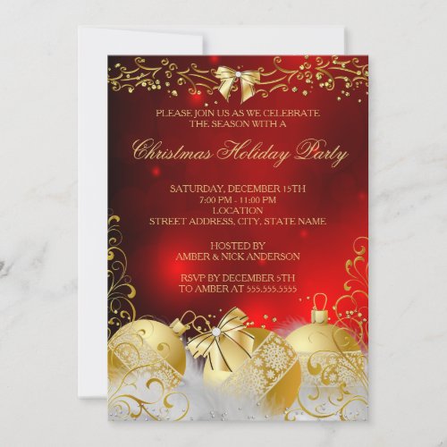 Red Gold White Bauble Christmas Holiday Party Invitation