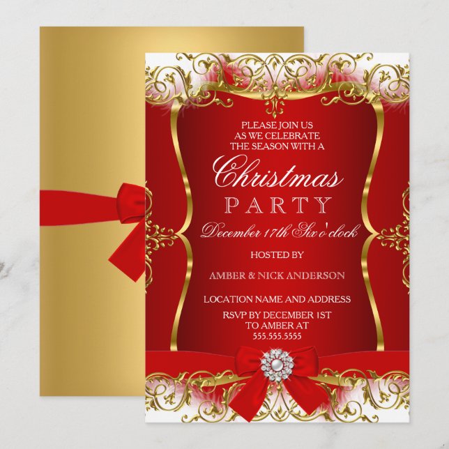 Red Gold White Damask Bow Christmas Party Invite (Front/Back)