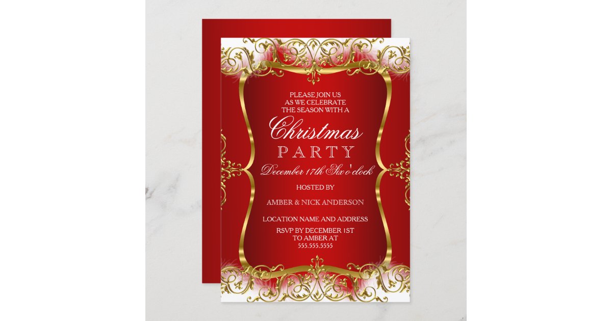 Red Gold White Damask Christmas Party Invite | Zazzle