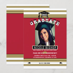 Red Gold White Elegant Photo Graduation Party  Invitation