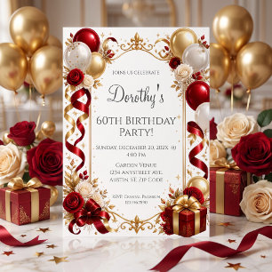 Red Gold & White Floral 60 birthday party Invitation