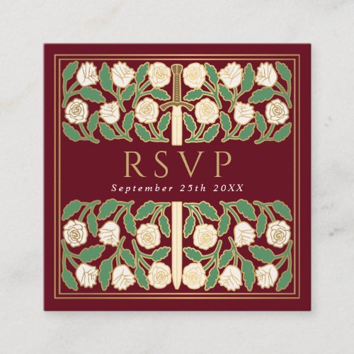 Red Gold White Floral Royal Wedding RSVP QR Code Enclosure Card
