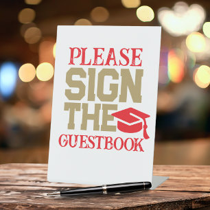 Red, Gold & White Guestbook Graduation Table Pedestal Sign