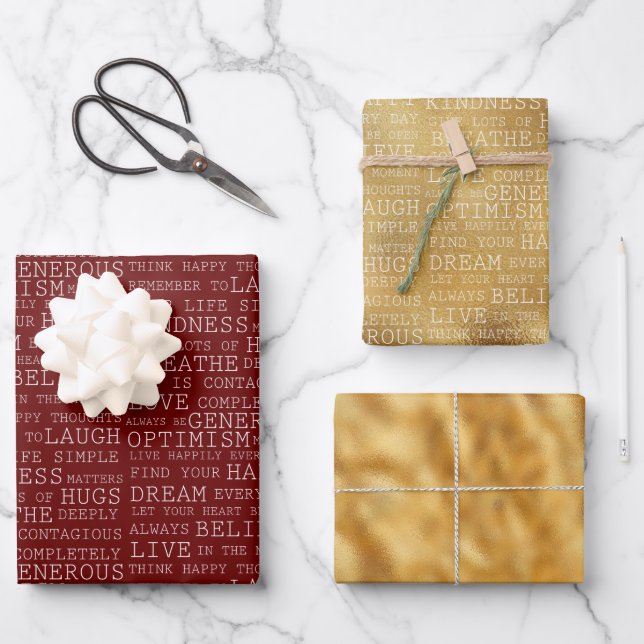 Red Gold White Inspirational Words Wrapping Paper Sheets (Front)