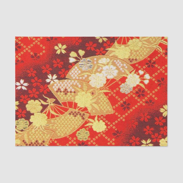 Red Gold White Japanese Kimono Floral Decoupage Tissue Paper (Front)