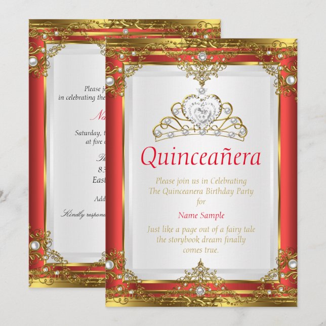 Red Gold White Pearl Princess Quinceanera Invitation (Front/Back)