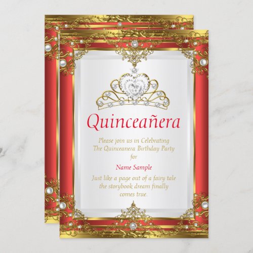 Red Gold White Pearl Princess Quinceanera Invitation