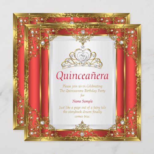 Red Gold White Pearl Princess Quinceanera Invitation