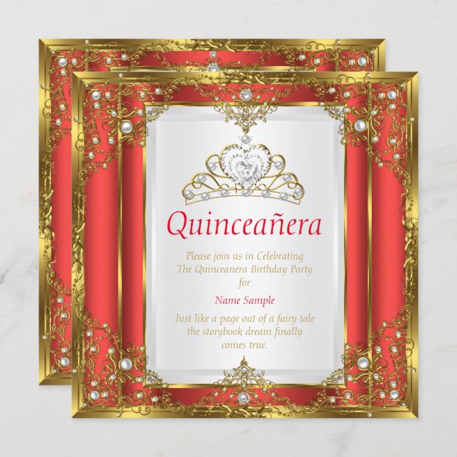 Red Gold White Pearl Princess Quinceanera Invitation (Front/Back)