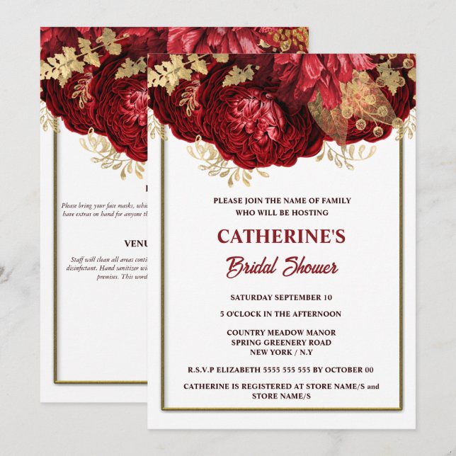 Red gold white rose watercolor bridal shower invitation (Front/Back)