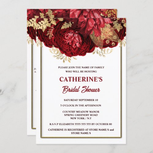 Red gold white rose watercolor bridal shower invitation