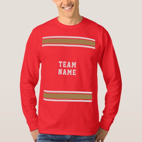 Red Gold White Sports Jersey Team Name Long Sleeve T_Shirt