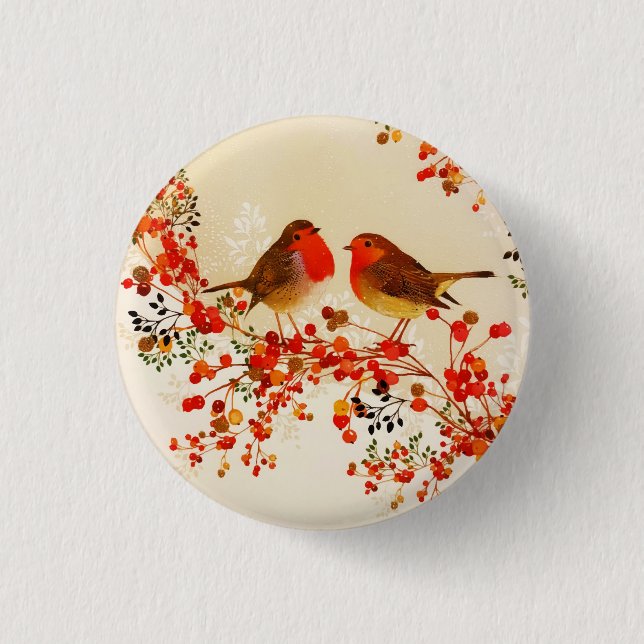 Red Gold Winter Birds Holly Berry Branches Button (Front)
