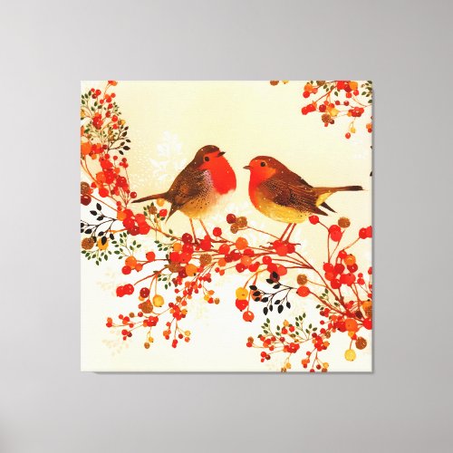 Red Gold Winter Birds Holly Berry Branches Canvas Print
