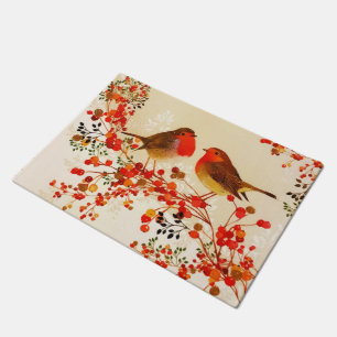 Red Gold Winter Birds Holly Berry Branches Doormat