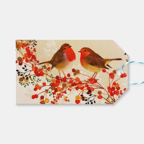 Red Gold Winter Birds Holly Berry Branches Gift Tags