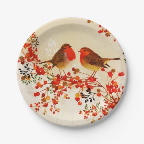 Red Gold Winter Birds Holly Berry Branches Paper Plates