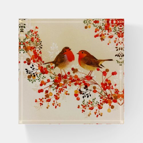 Red Gold Winter Birds Holly Berry Branches Paperweight