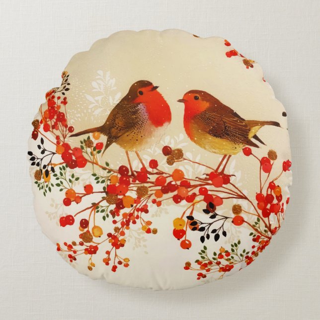 Red Gold Winter Birds Holly Berry Branches Round Pillow (Front)