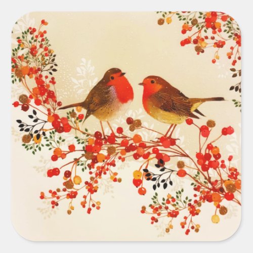 Red Gold Winter Birds Holly Berry Branches Square Sticker