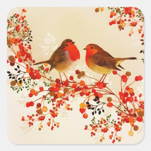 Red Gold Winter Birds Holly Berry Branches Square Sticker (Front)