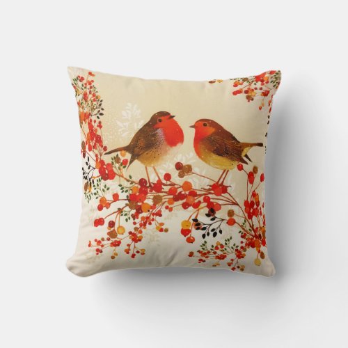 Red Gold Winter Birds Holly Berry Branches Throw Pillow