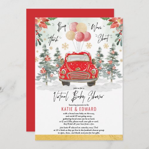 Red Gold Winter Holiday Virtual Baby Shower Invitation