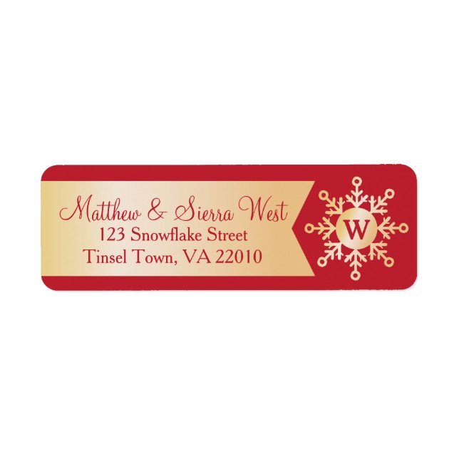 Red Gold Winter Snowflake Holiday Monogram Label (Front)